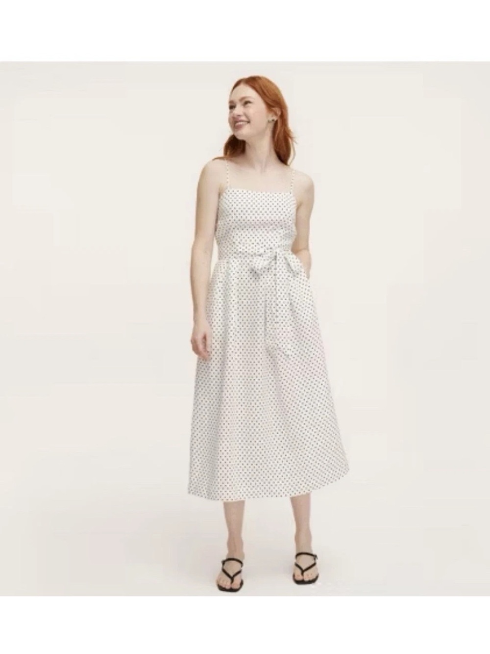 White Polka Dot Midi Dress with Tie Belt
